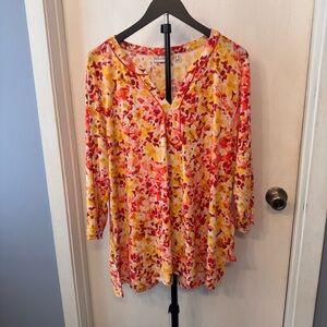 Susan Graver 1X Floral Top Liquid Knit 3/4 Sleeve Tunic Multicolor